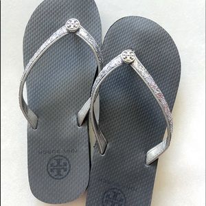 Tory Burch silver flip flops
